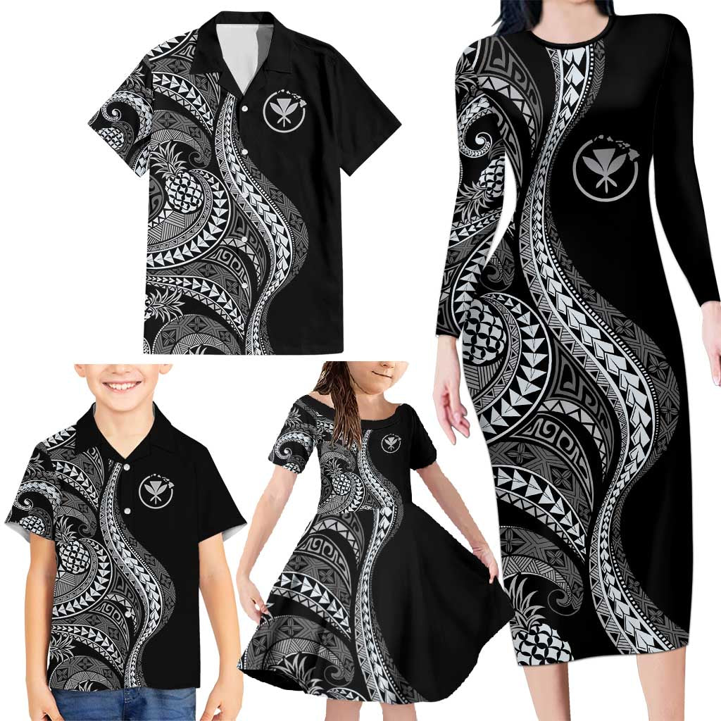 Hawaii Pineapple Gray Scale Tribal Pattern Family Matching Long Sleeve Bodycon Dress and Hawaiian Shirt - Polynesian Pride