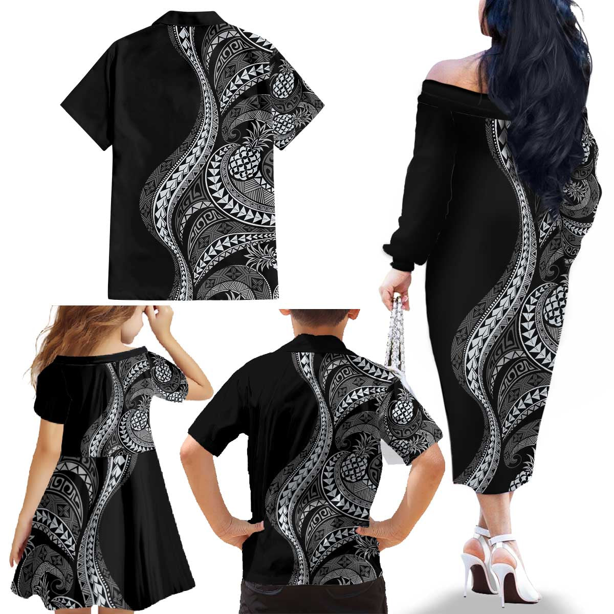 Hawaii Pineapple Gray Scale Tribal Pattern Family Matching Off The Shoulder Long Sleeve Dress and Hawaiian Shirt - Polynesian Pride