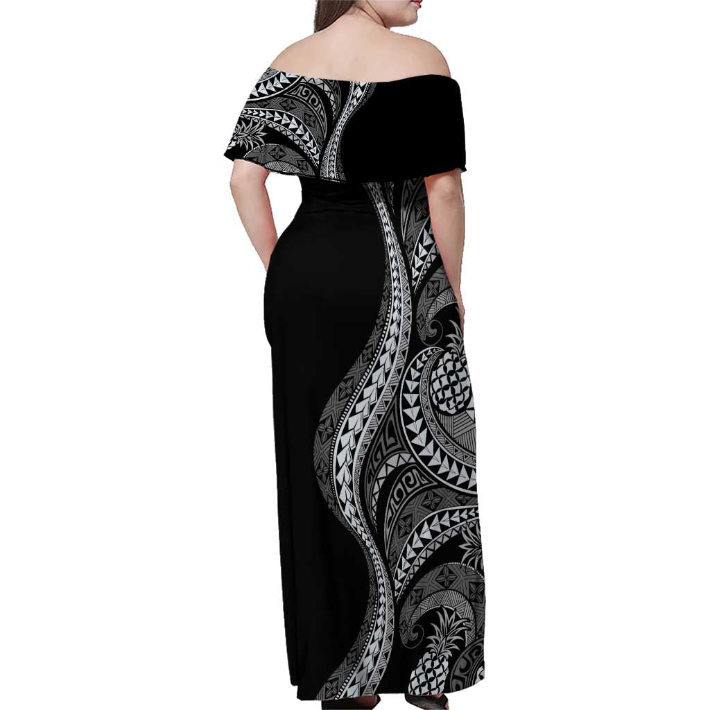 Hawaii Pineapple Gray Scale Tribal Pattern Family Matching Off Shoulder Maxi Dress and Hawaiian Shirt - Polynesian Pride
