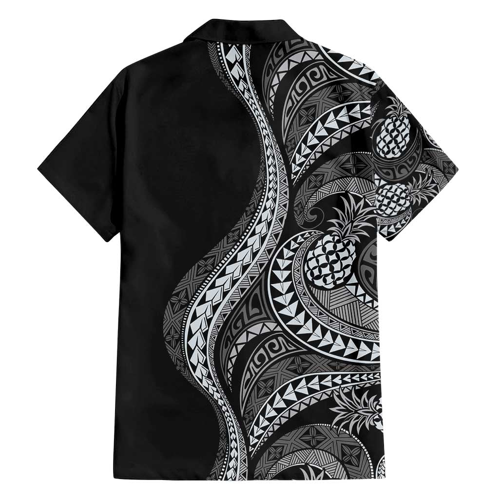 Hawaii Pineapple Gray Scale Tribal Pattern Family Matching Off Shoulder Short Dress and Hawaiian Shirt - Polynesian Pride