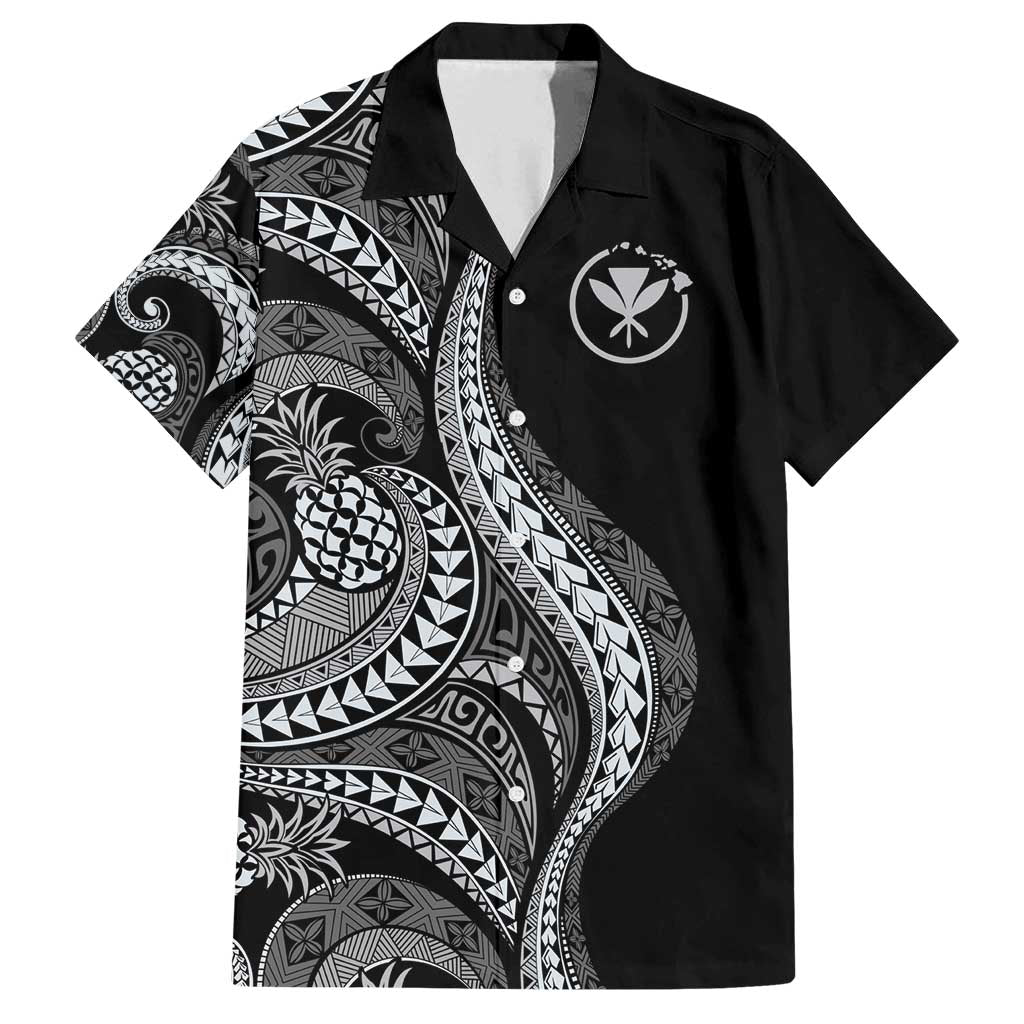 Hawaii Pineapple Gray Scale Tribal Pattern Family Matching Puletasi and Hawaiian Shirt LT01 Dad's Shirt - Short Sleeve Black - Polynesian Pride