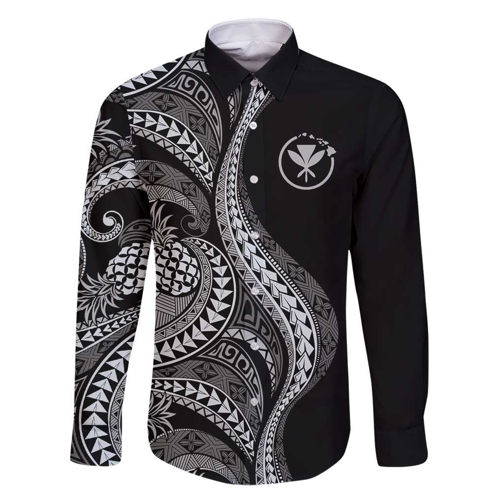 Hawaii Pineapple Gray Scale Tribal Pattern Family Matching Puletasi and Hawaiian Shirt LT01 Dad's Shirt - Long Sleeve Black - Polynesian Pride