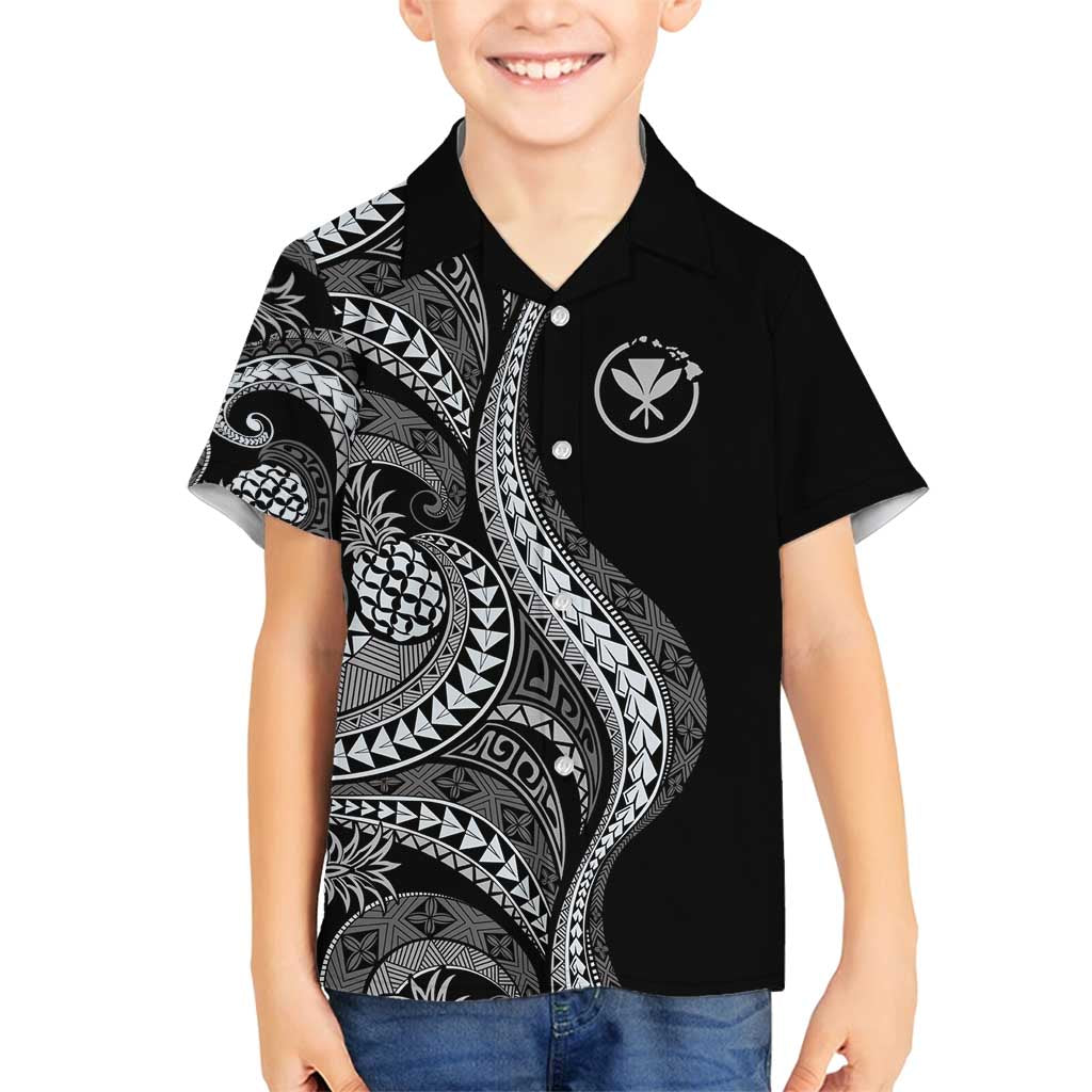 Hawaii Pineapple Gray Scale Tribal Pattern Family Matching Puletasi and Hawaiian Shirt LT01 Son's Shirt Black - Polynesian Pride