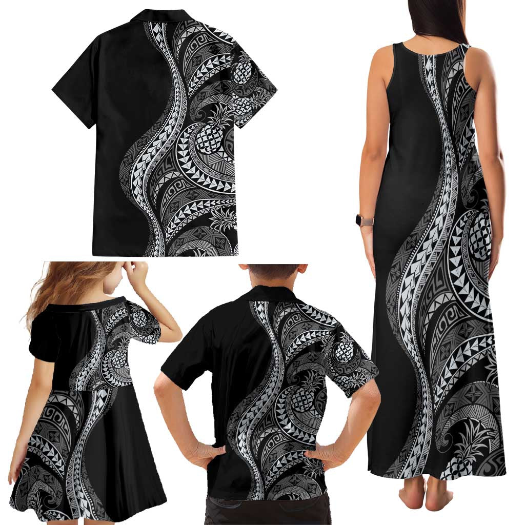 Hawaii Pineapple Gray Scale Tribal Pattern Family Matching Tank Maxi Dress and Hawaiian Shirt - Polynesian Pride
