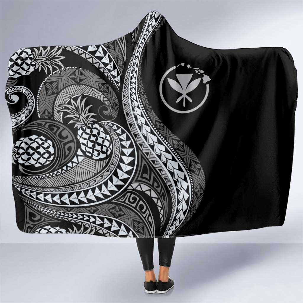 Hawaii Pineapple Gray Scale Tribal Pattern Hooded Blanket - Polynesian Pride