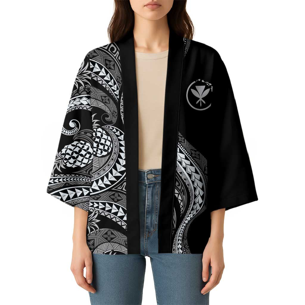 Hawaii Pineapple Gray Scale Tribal Pattern Kimono - Polynesian Pride