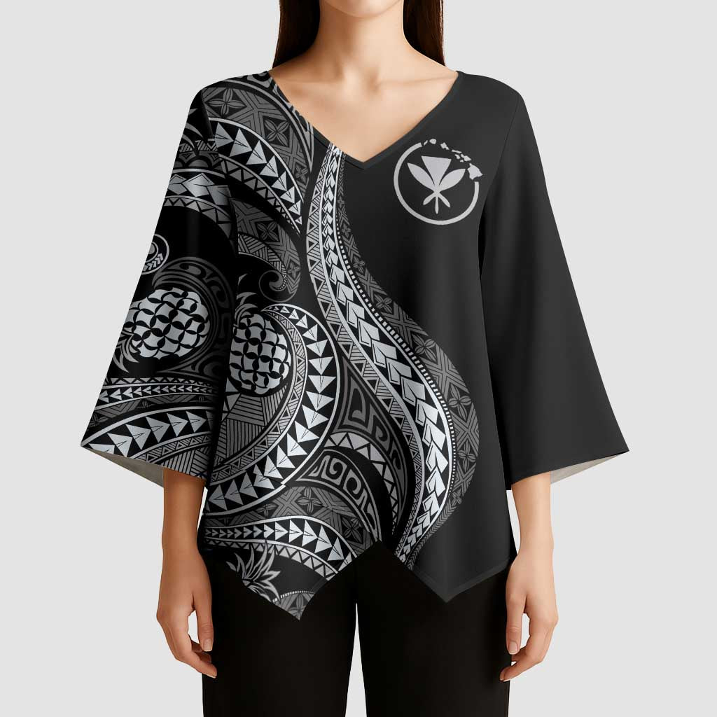 Hawaii Pineapple Gray Scale Tribal Pattern Kimono Sleeve Blouse - Polynesian Pride
