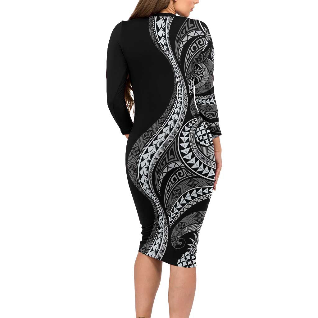 Hawaii Pineapple Gray Scale Tribal Pattern Long Sleeve Bodycon Dress - Polynesian Pride