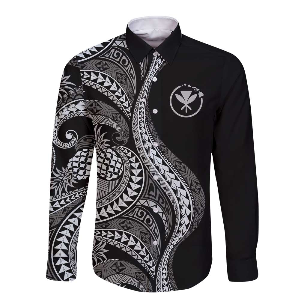 Hawaii Pineapple Gray Scale Tribal Pattern Long Sleeve Button Shirt LT01 Unisex Black - Polynesian Pride