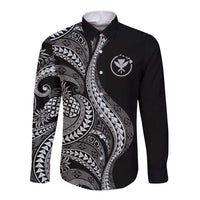 Hawaii Pineapple Gray Scale Tribal Pattern Long Sleeve Button Shirt LT01 Unisex Black - Polynesian Pride
