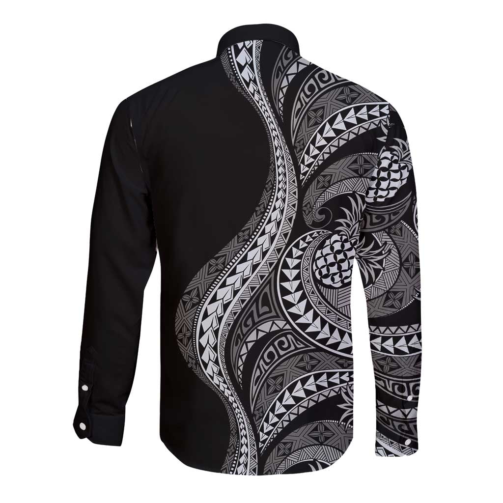 Hawaii Pineapple Gray Scale Tribal Pattern Long Sleeve Button Shirt LT01 - Polynesian Pride
