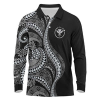 Hawaii Pineapple Gray Scale Tribal Pattern Long Sleeve Polo Shirt LT01 Black - Polynesian Pride