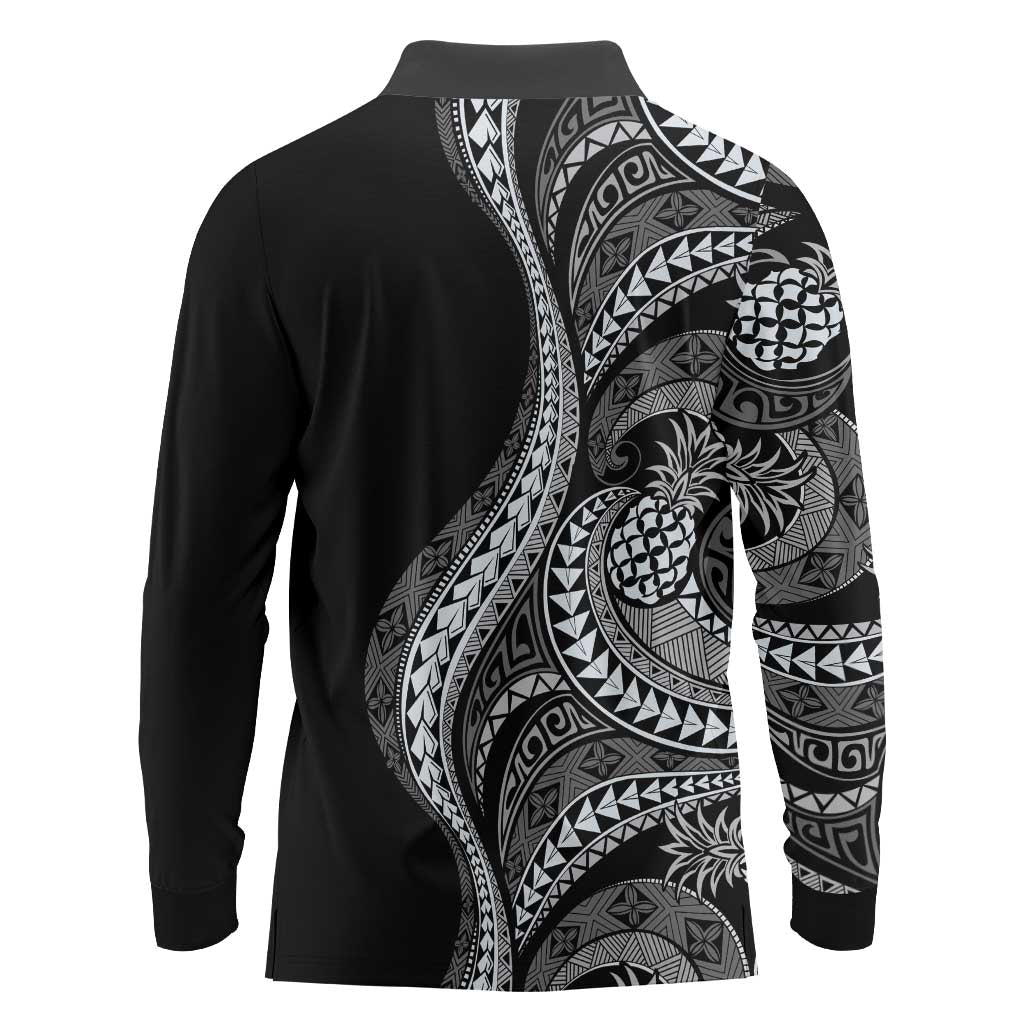 Hawaii Pineapple Gray Scale Tribal Pattern Long Sleeve Polo Shirt LT01 - Polynesian Pride