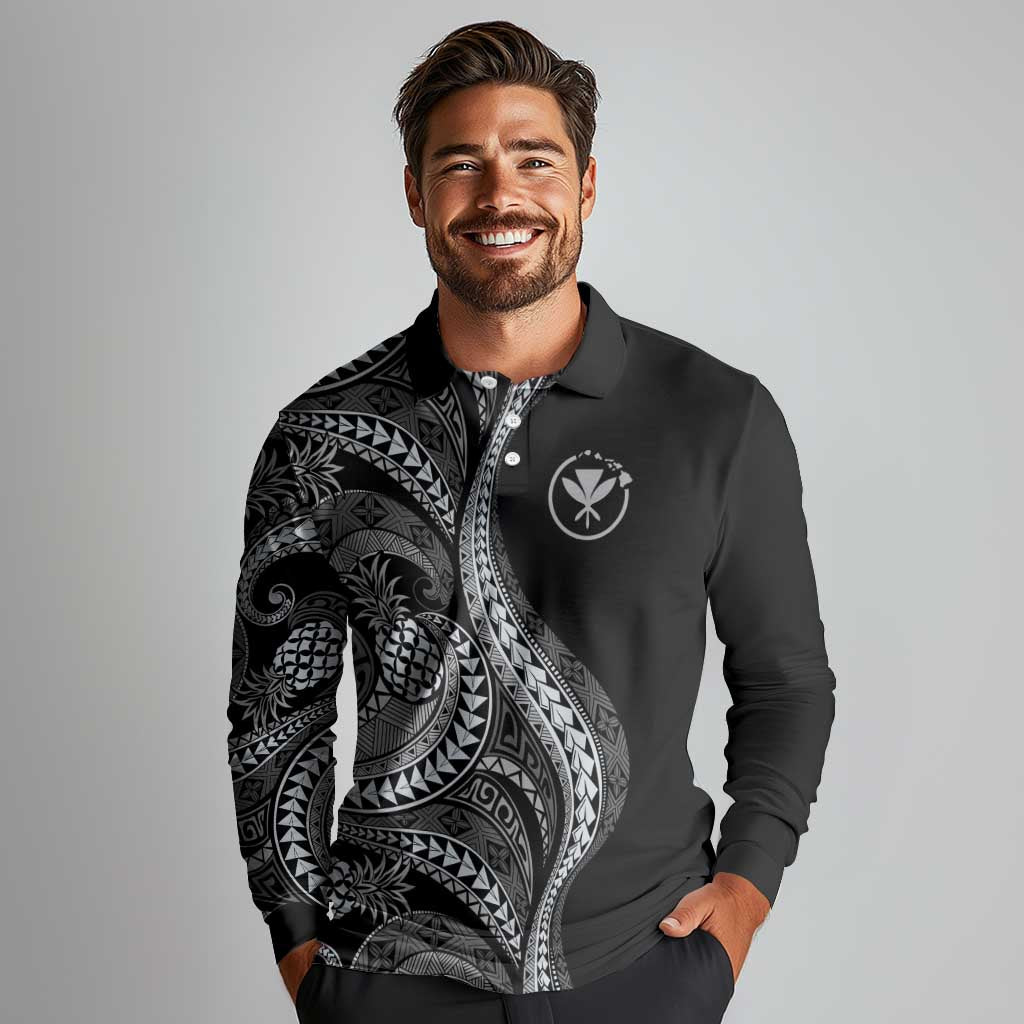 Hawaii Pineapple Gray Scale Tribal Pattern Long Sleeve Polo Shirt LT01 - Polynesian Pride