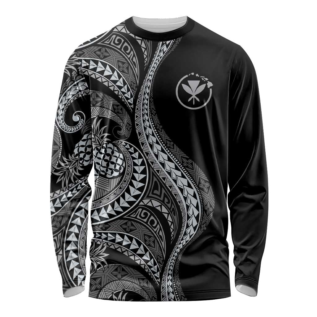 Hawaii Pineapple Gray Scale Tribal Pattern Long Sleeve Shirt LT01 Unisex Black - Polynesian Pride