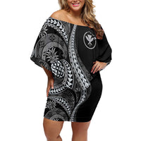 Hawaii Pineapple Gray Scale Tribal Pattern Off Shoulder Short Dress - Polynesian Pride