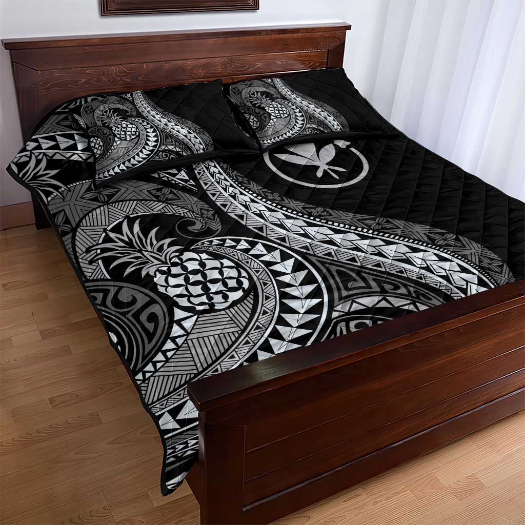 Hawaii Pineapple Gray Scale Tribal Pattern Quilt Bed Set - Polynesian Pride