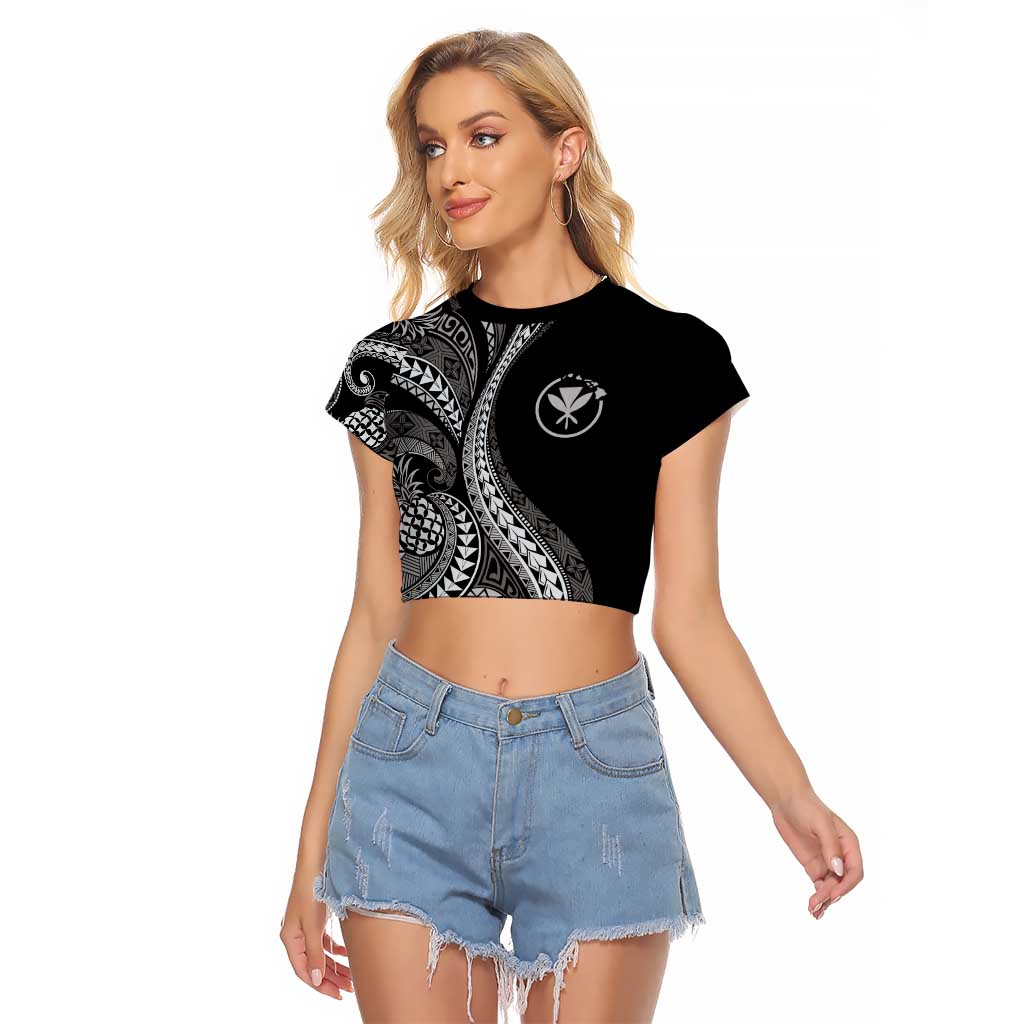 Hawaii Pineapple Gray Scale Tribal Pattern Raglan Cropped T Shirt - Polynesian Pride