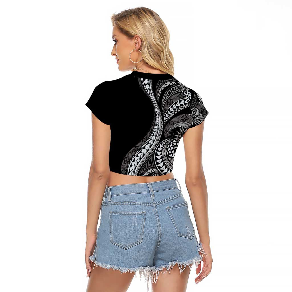 Hawaii Pineapple Gray Scale Tribal Pattern Raglan Cropped T Shirt - Polynesian Pride
