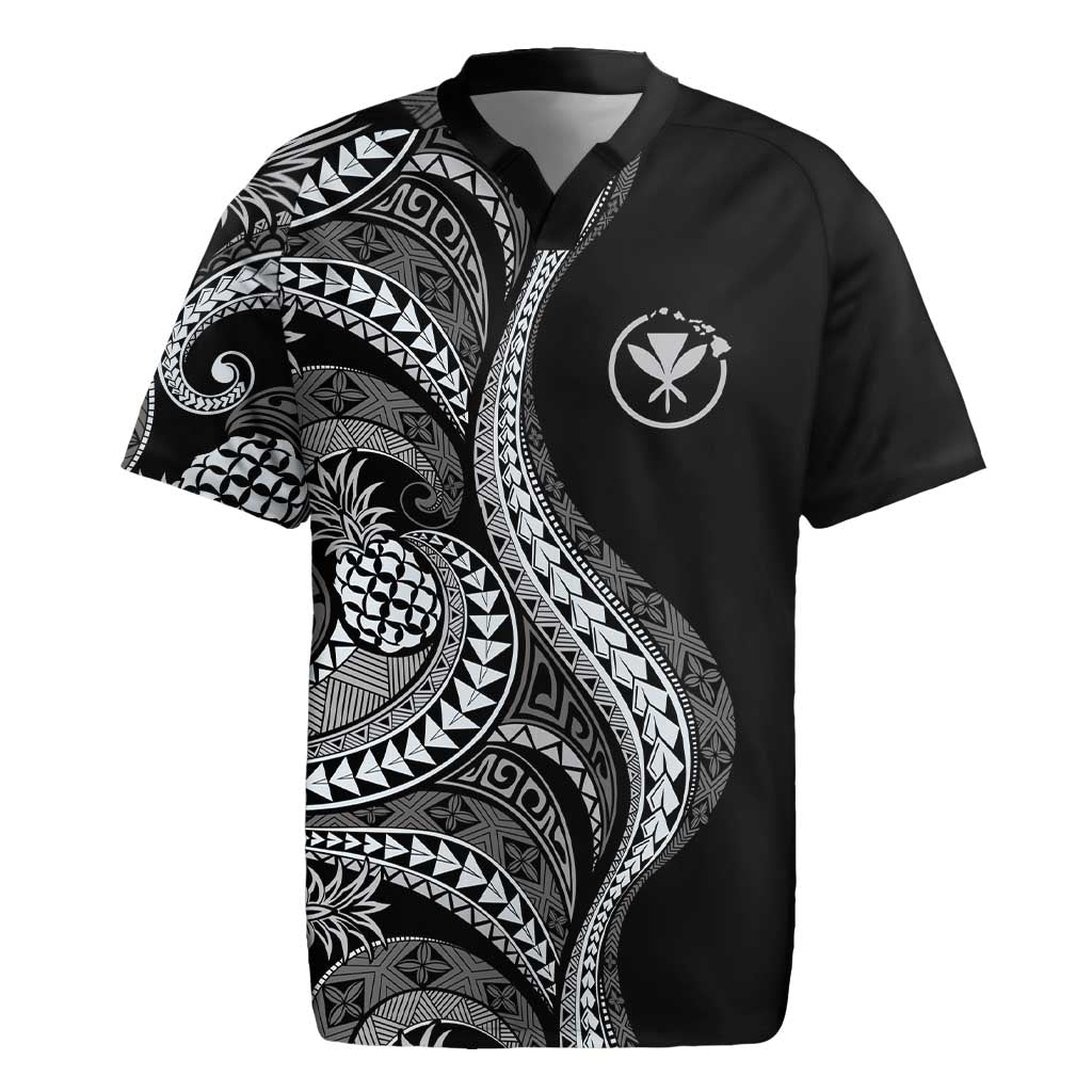 Hawaii Pineapple Gray Scale Tribal Pattern Rugby Jersey LT01 Black - Polynesian Pride