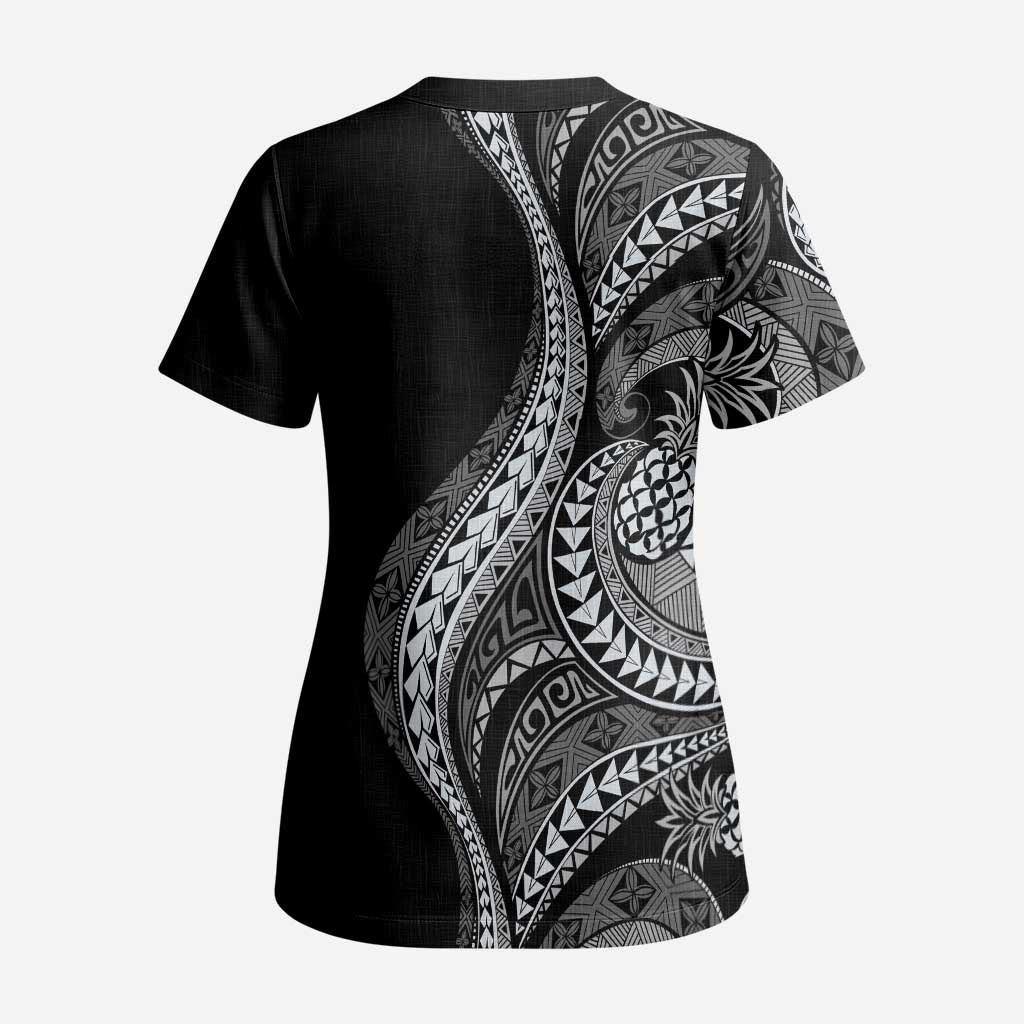Hawaii Pineapple Gray Scale Tribal Pattern Scrub Top - Polynesian Pride