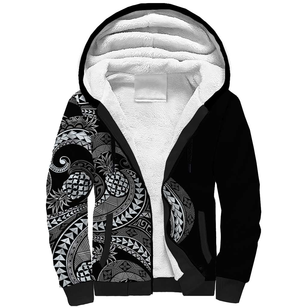 Hawaii Pineapple Gray Scale Tribal Pattern Sherpa Hoodie LT01 Unisex Black - Polynesian Pride