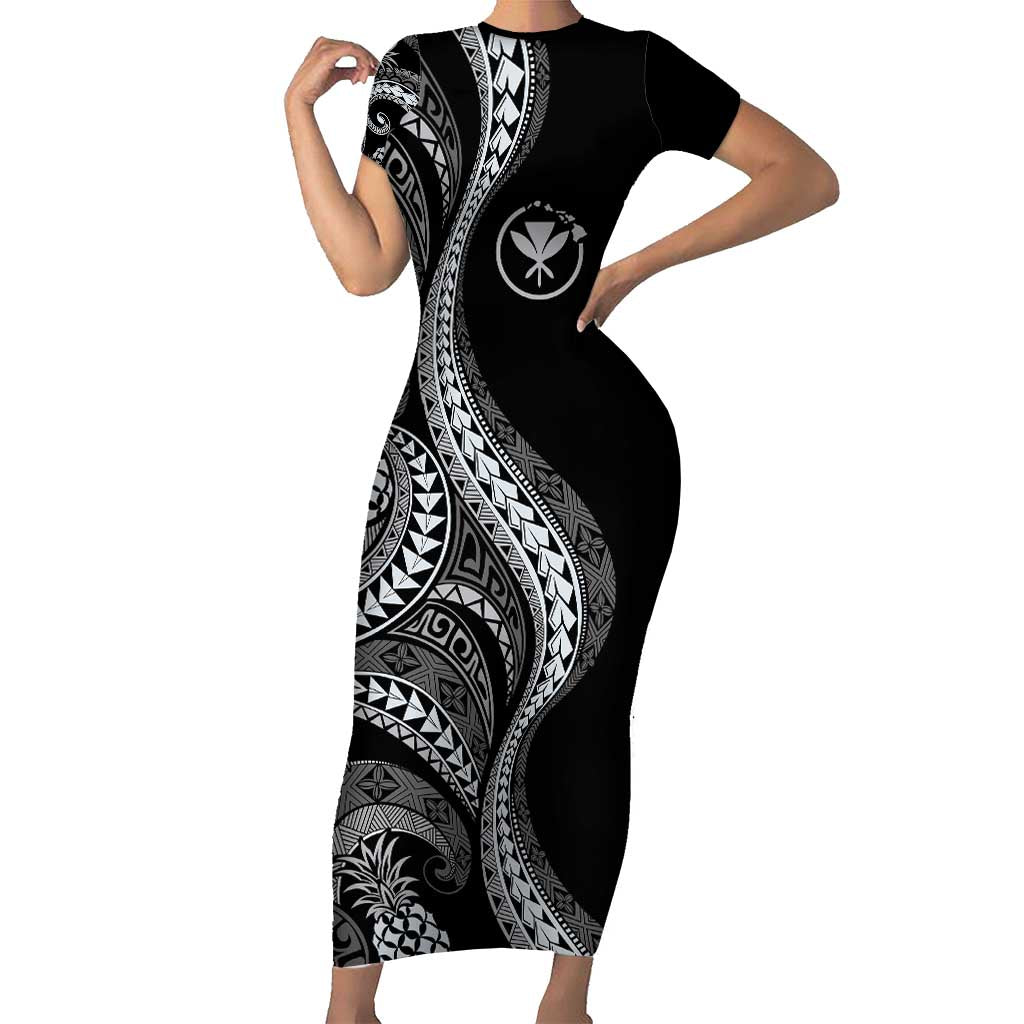 Hawaii Pineapple Gray Scale Tribal Pattern Short Sleeve Bodycon Dress - Polynesian Pride
