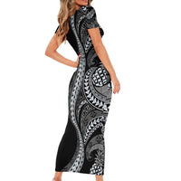 Hawaii Pineapple Gray Scale Tribal Pattern Short Sleeve Bodycon Dress - Polynesian Pride