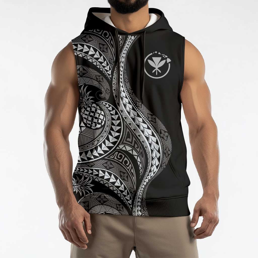 Hawaii Pineapple Gray Scale Tribal Pattern Sleeveless Hoodie - Polynesian Pride