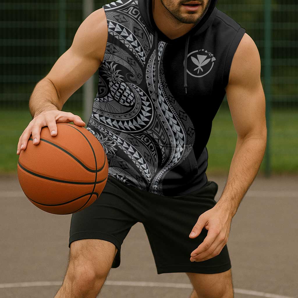 Hawaii Pineapple Gray Scale Tribal Pattern Sleeveless Hoodie - Polynesian Pride