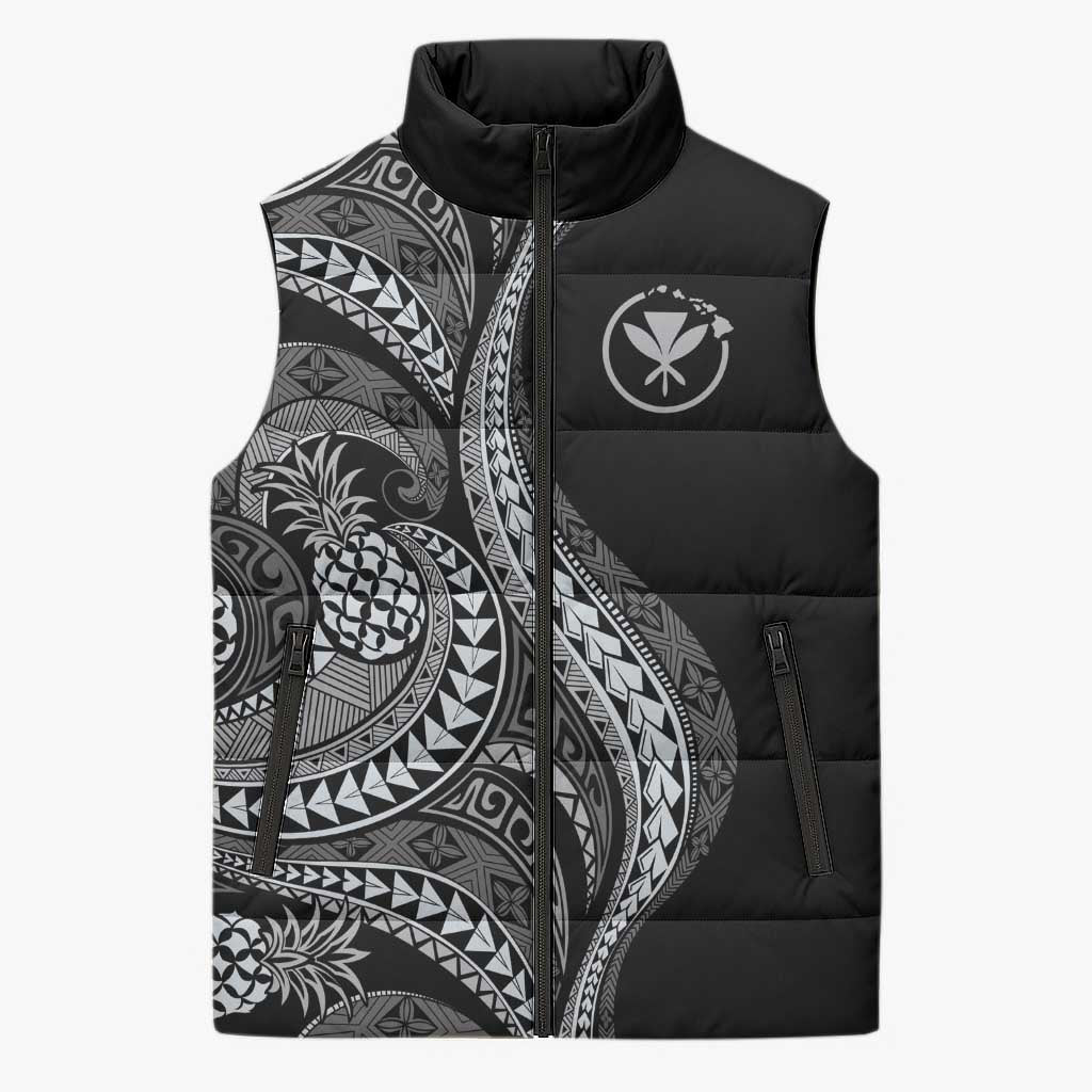 Hawaii Pineapple Gray Scale Tribal Pattern Sleeveless Puffer Jacket LT01 Unisex Black - Polynesian Pride