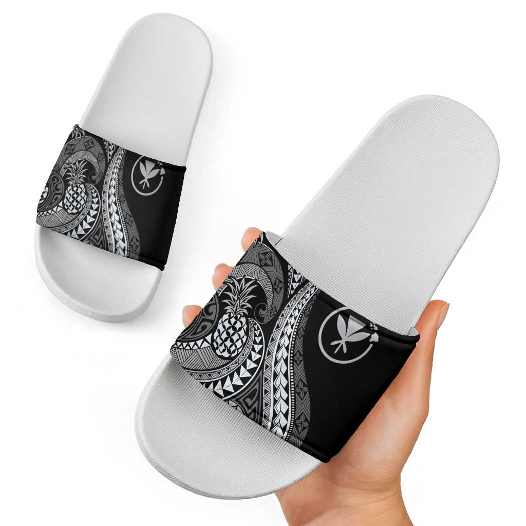 Hawaii Pineapple Gray Scale Tribal Pattern Slide Sandals - Polynesian Pride