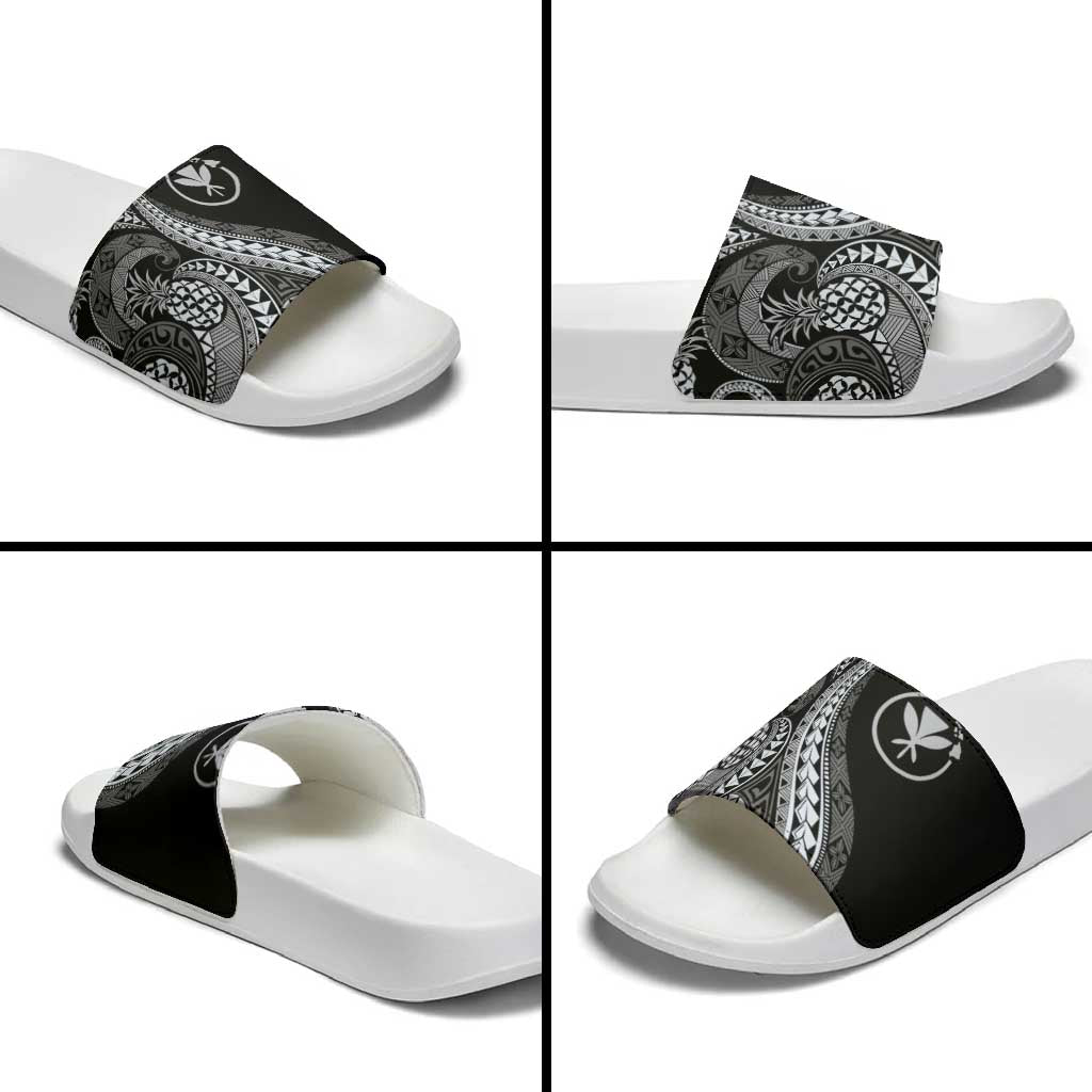 Hawaii Pineapple Gray Scale Tribal Pattern Slide Sandals - Polynesian Pride
