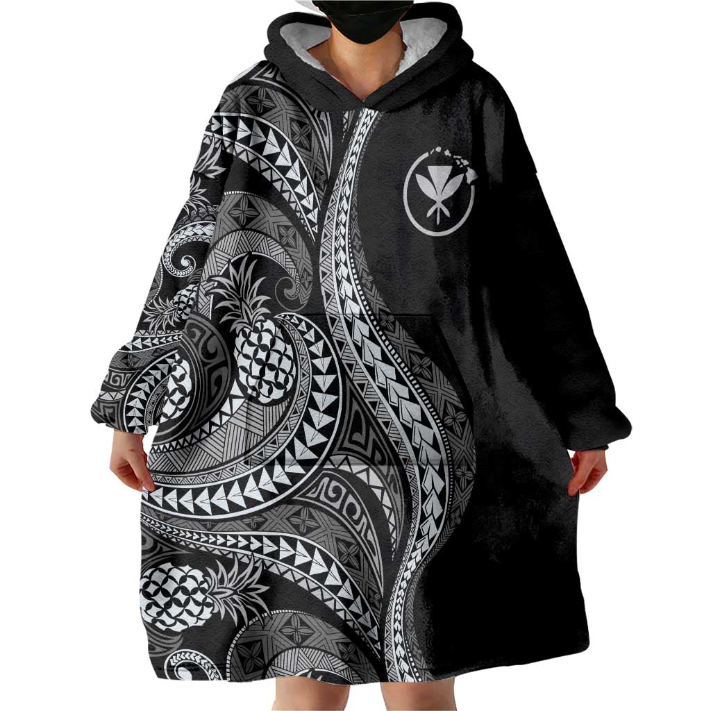 Hawaii Pineapple Gray Scale Tribal Pattern Wearable Blanket Hoodie LT01 - Polynesian Pride