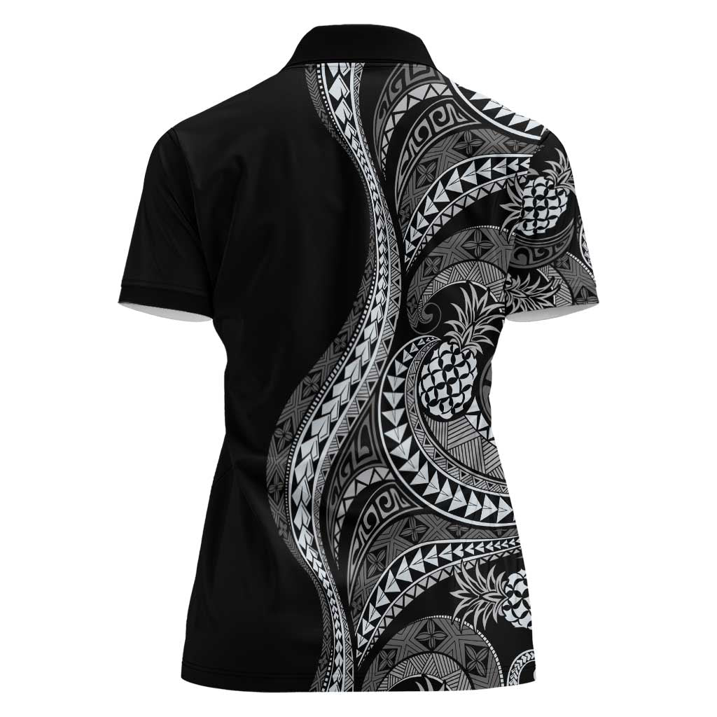 Hawaii Pineapple Gray Scale Tribal Pattern Women Polo Shirt - Polynesian Pride