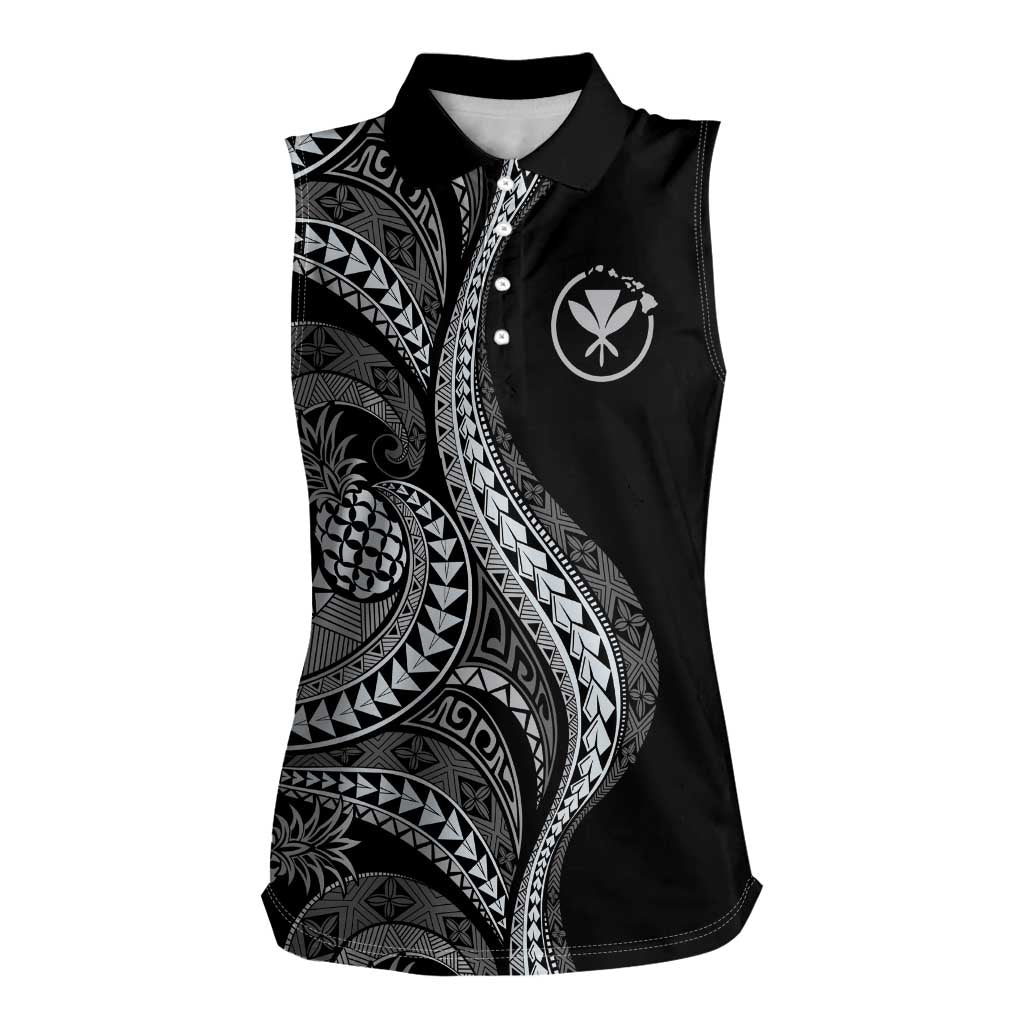 Hawaii Pineapple Gray Scale Tribal Pattern Women Sleeveless Polo Shirt LT01 Female Black - Polynesian Pride