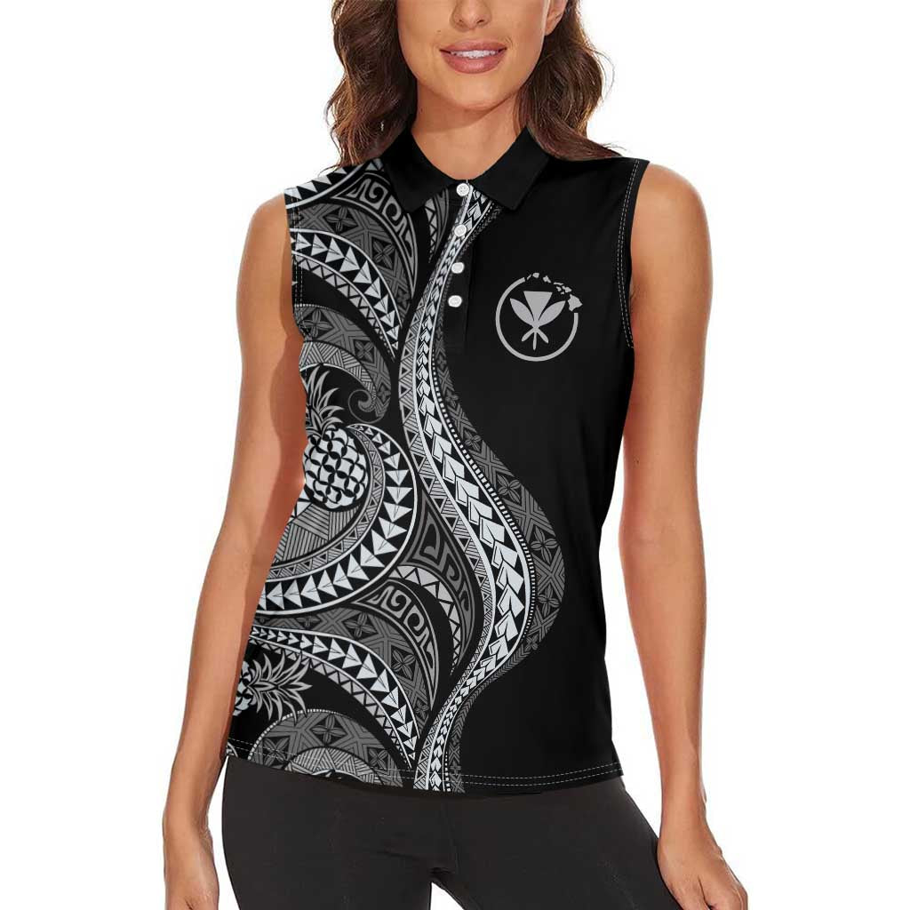 Hawaii Pineapple Gray Scale Tribal Pattern Women Sleeveless Polo Shirt LT01 - Polynesian Pride