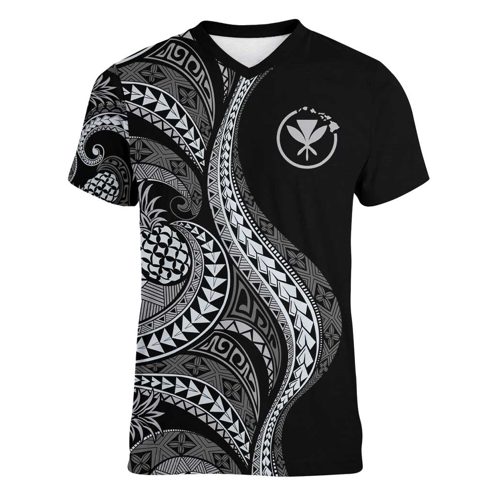 Hawaii Pineapple Gray Scale Tribal Pattern Women V-Neck T-Shirt - Polynesian Pride
