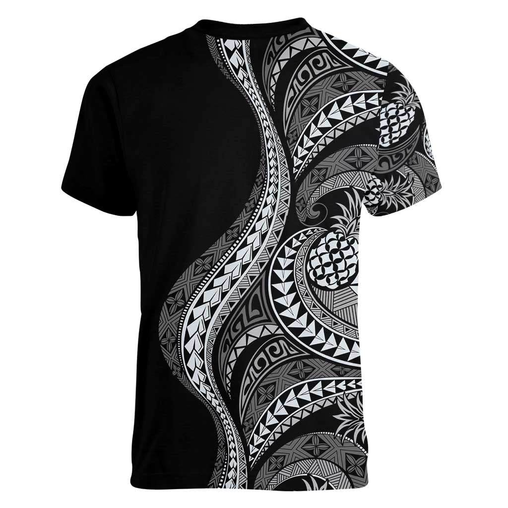 Hawaii Pineapple Gray Scale Tribal Pattern Women V-Neck T-Shirt - Polynesian Pride