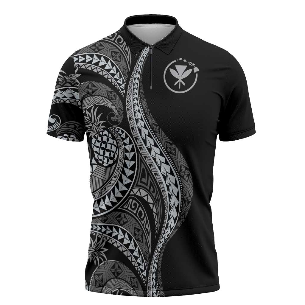 Hawaii Pineapple Gray Scale Tribal Pattern Zipper Polo Shirt LT01 Black - Polynesian Pride