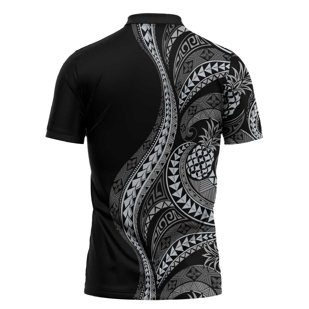Hawaii Pineapple Gray Scale Tribal Pattern Zipper Polo Shirt LT01 - Polynesian Pride