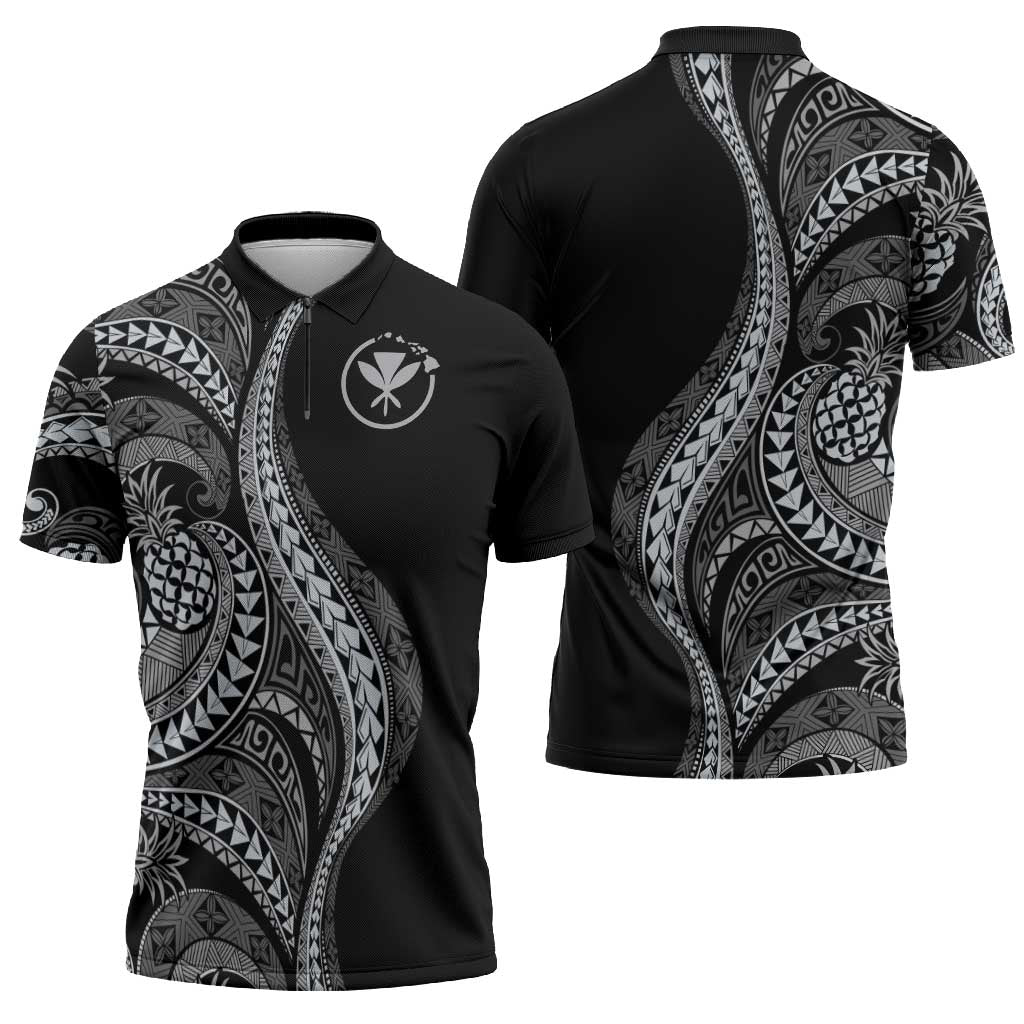 Hawaii Pineapple Gray Scale Tribal Pattern Zipper Polo Shirt LT01 - Polynesian Pride