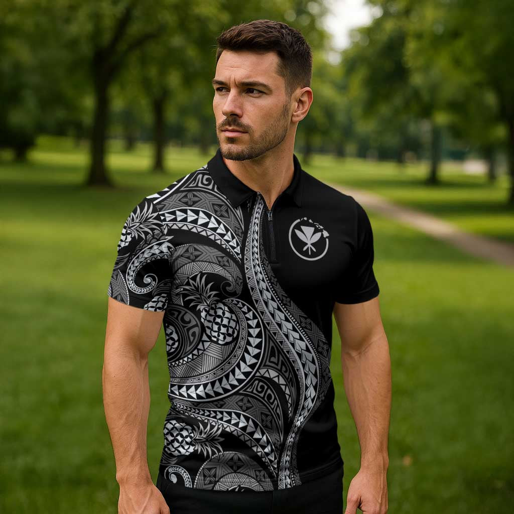 Hawaii Pineapple Gray Scale Tribal Pattern Zipper Polo Shirt LT01 - Polynesian Pride