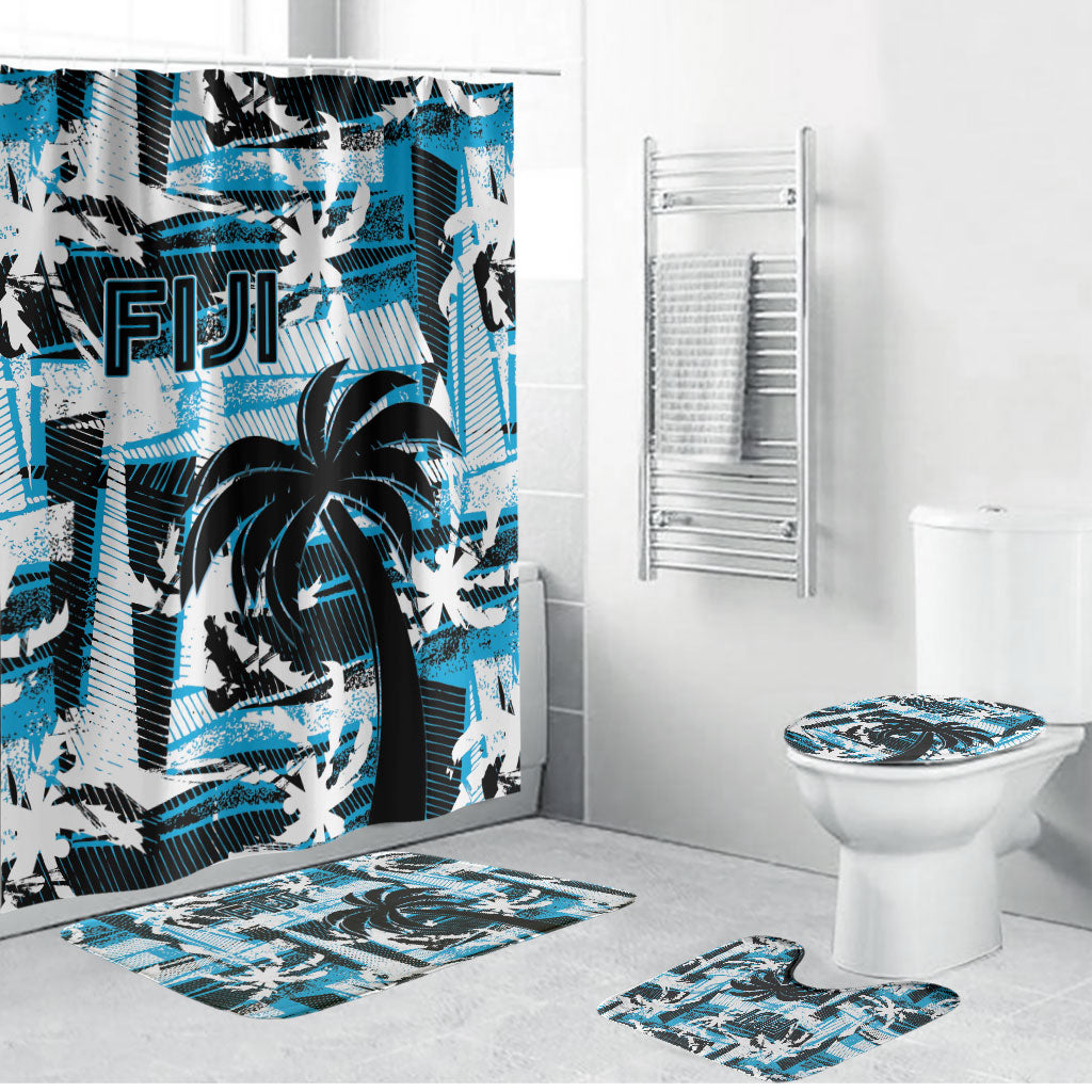 Fijian Rugby Bathroom Set Grunge Palm Stylized LT01 Bathroom Set (4 pcs) Blue - Polynesian Pride