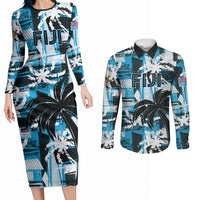Custom Fijian Rugby Couples Matching Long Sleeve Bodycon Dress and Long Sleeve Button Shirt Grunge Palm Stylized LT01 Blue - Polynesian Pride