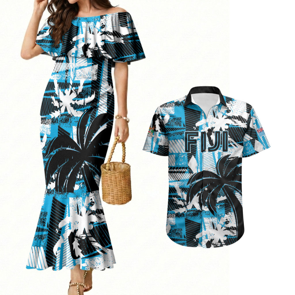 Custom Fijian Rugby Couples Matching Mermaid Dress and Hawaiian Shirt Grunge Palm Stylized LT01 Blue - Polynesian Pride