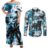 Custom Fijian Rugby Couples Matching Off Shoulder Maxi Dress and Long Sleeve Button Shirt Grunge Palm Stylized LT01 Blue - Polynesian Pride
