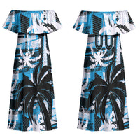 Custom Fijian Rugby Couples Matching Off Shoulder Maxi Dress and Long Sleeve Button Shirt Grunge Palm Stylized LT01 - Polynesian Pride