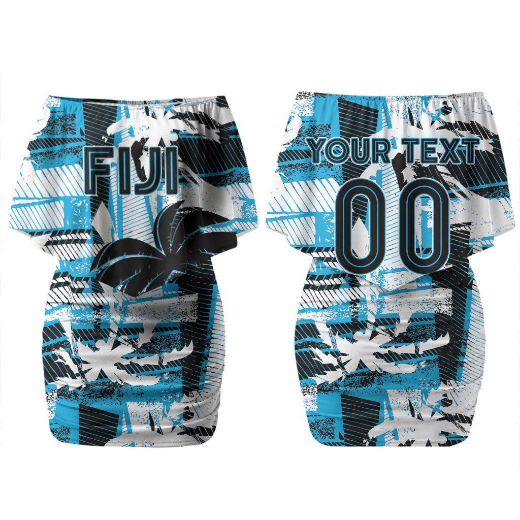 Custom Fijian Rugby Couples Matching Off Shoulder Short Dress and Hawaiian Shirt Grunge Palm Stylized LT01 - Polynesian Pride