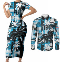 Custom Fijian Rugby Couples Matching Short Sleeve Bodycon Dress and Long Sleeve Button Shirt Grunge Palm Stylized LT01 Blue - Polynesian Pride